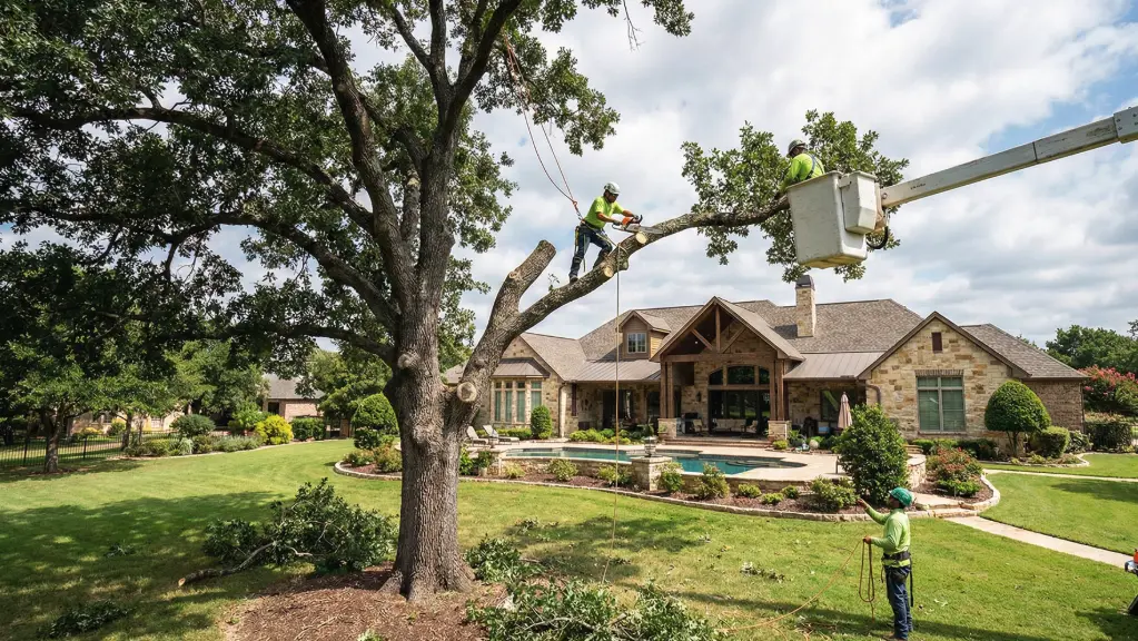 Broken Arrow Elite Tree Service crew working from a bucket truck at a residential property