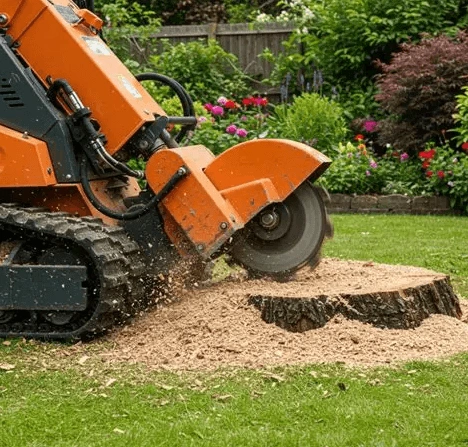 Stump grinder taking a stump down below grade at a Broken Arrow, OK property